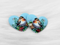 Pair of 37mm resin heart cabochons (cabs) in light blue with a robin on a holly branch