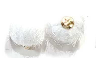 Pair of 15mm white faux mink pom pom tassels with gold-tone caps and loops