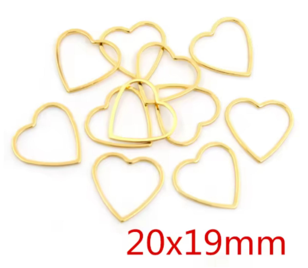 Pile of gold stainless steel open heart bezel frames, labelled 20 x 19mm