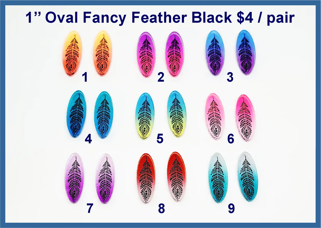 Nine pairs of black acrylic oval feather cabochons with engraved feathers in ombre colours