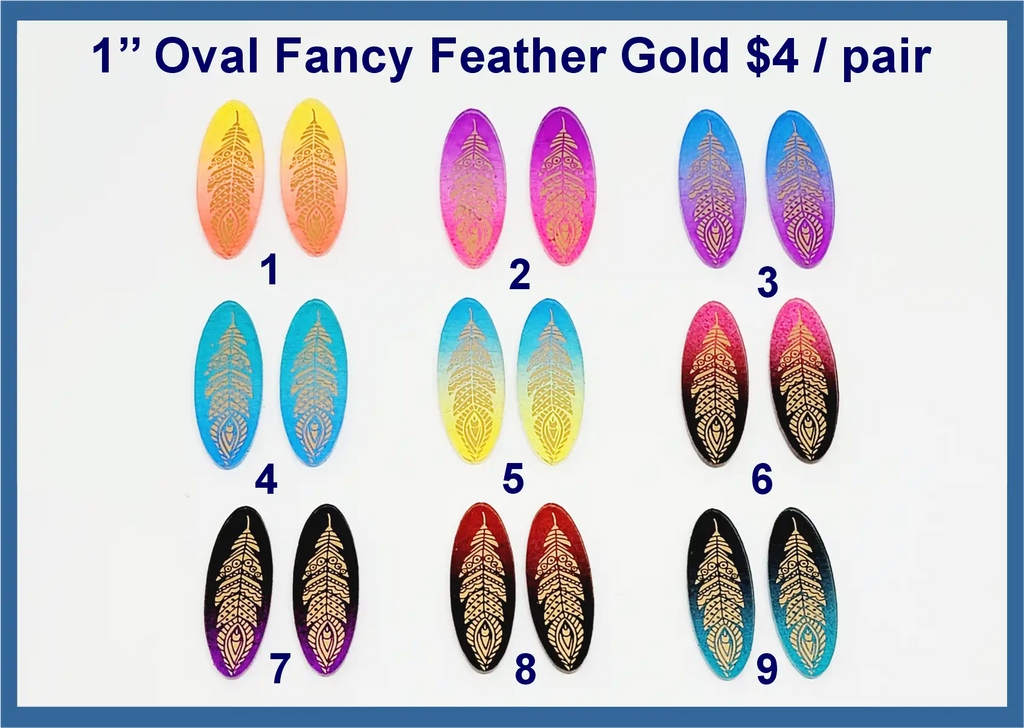 Nine pairs of 1 inch gold acrylic oval cabochons (cabs) with engraved feathers in ombre colours
