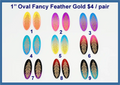 Nine pairs of 1 inch gold acrylic oval cabochons (cabs) with engraved feathers in ombre colours