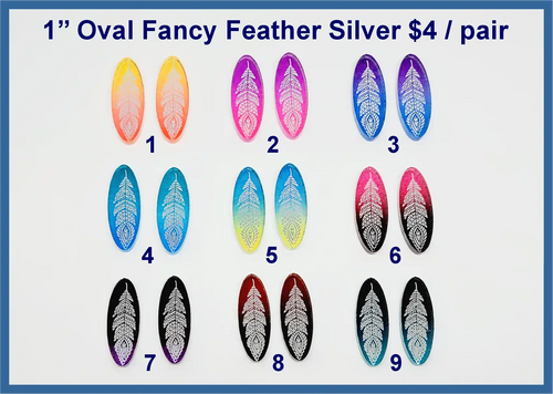 Nine pairs of silver mirror acrylic oval feather cabs in ombre colours, numbered 1 to 9