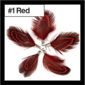 Five 4.5cm feather tassels in a ring, brown speckled feathers with red edging, labelled #1
