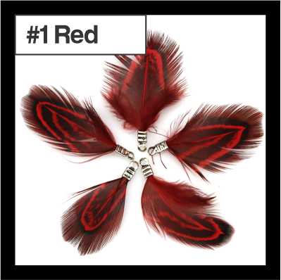 Five 4.5cm feather tassels in a ring, brown speckled feathers with red edging, labelled #1
