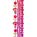 Four strands of Crystal Lane glass beads with flower, leaf and faceted round beads in a red to pink mix