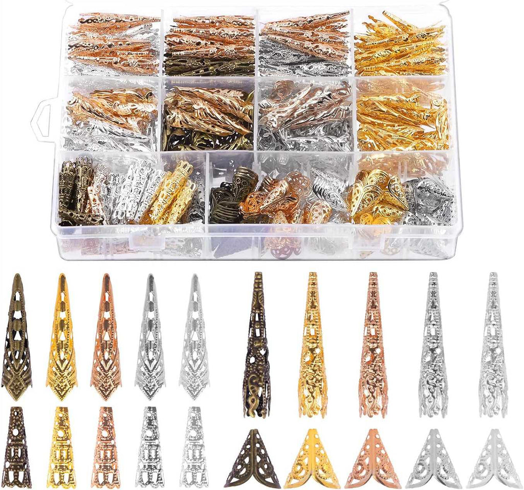 Divided case of mixed bead cones and caps in gold, silver, copper and bronze, with samples laid out