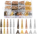 Divided case of mixed bead cones and caps in gold, silver, copper and bronze, with samples laid out