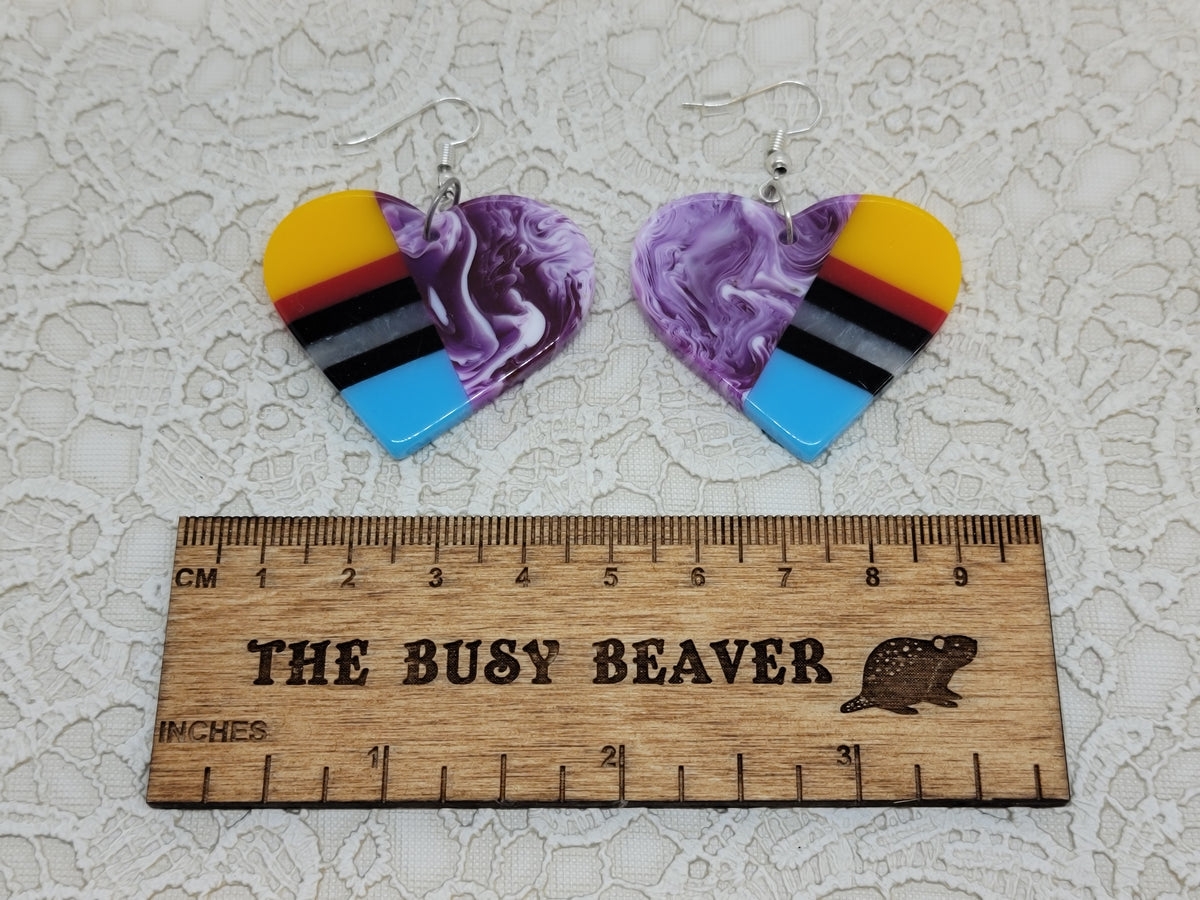 Pair of heart resin slab inlay earrings, combo #1: purple marble with yellow, red, black and blue stripes