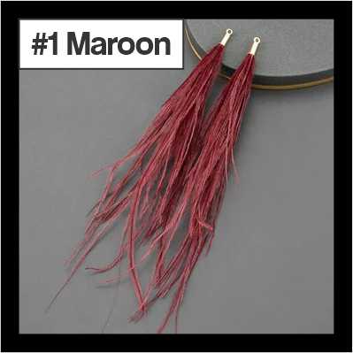 Pair of 14cm maroon feather tassels with gold connectors, labelled #1 Maroon