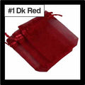 Sheer dark red organza drawstring bags with satin ties, with a numbered colour label