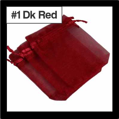 Sheer dark red organza drawstring bags with satin ties, with a numbered colour label