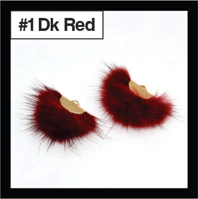Pair of fan-shaped dark red faux mink tassels with gold-tone caps, labelled #1
