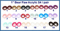 Eighteen pairs of 1 inch contour-cut acrylic bear paw cabochons (cabs) in glitter and solid colours