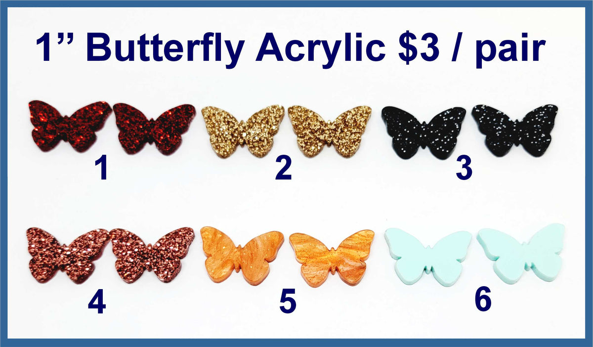 Six pairs of 1 inch contour-cut acrylic butterfly cabochons (cabs) in glitter and solid colours