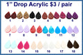Eighteen pairs of 1 inch contour-cut acrylic drop cabochons (cabs) in glitter, marbled and solid colours