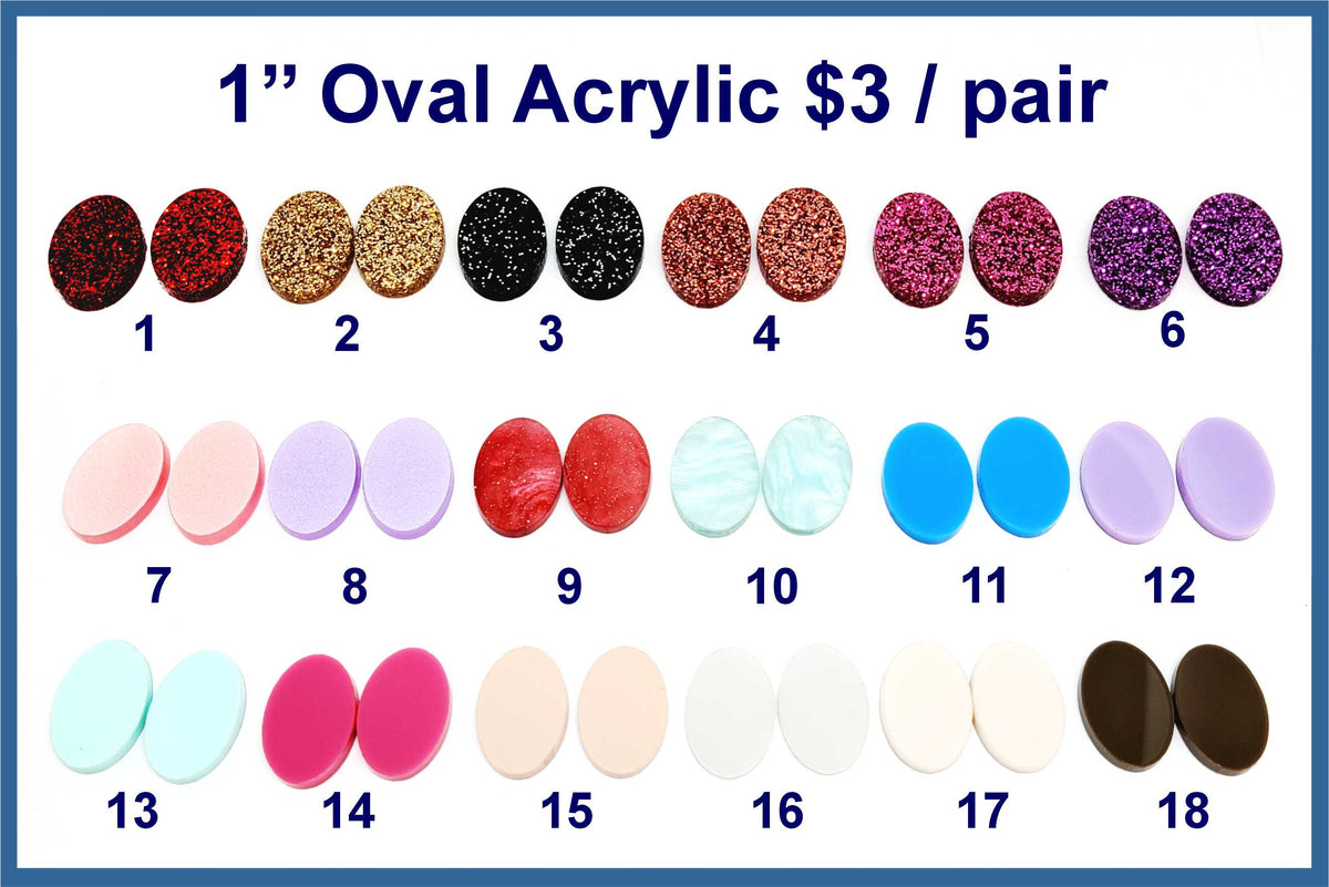 Eighteen pairs of 1 inch contour-cut acrylic oval cabochons (cabs) in glitter, marbled and solid colours