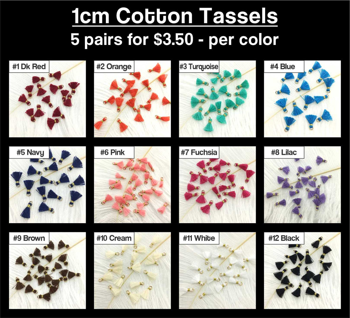 Chart of 12 colours of 1cm cotton tassels with gold-tone jump rings
