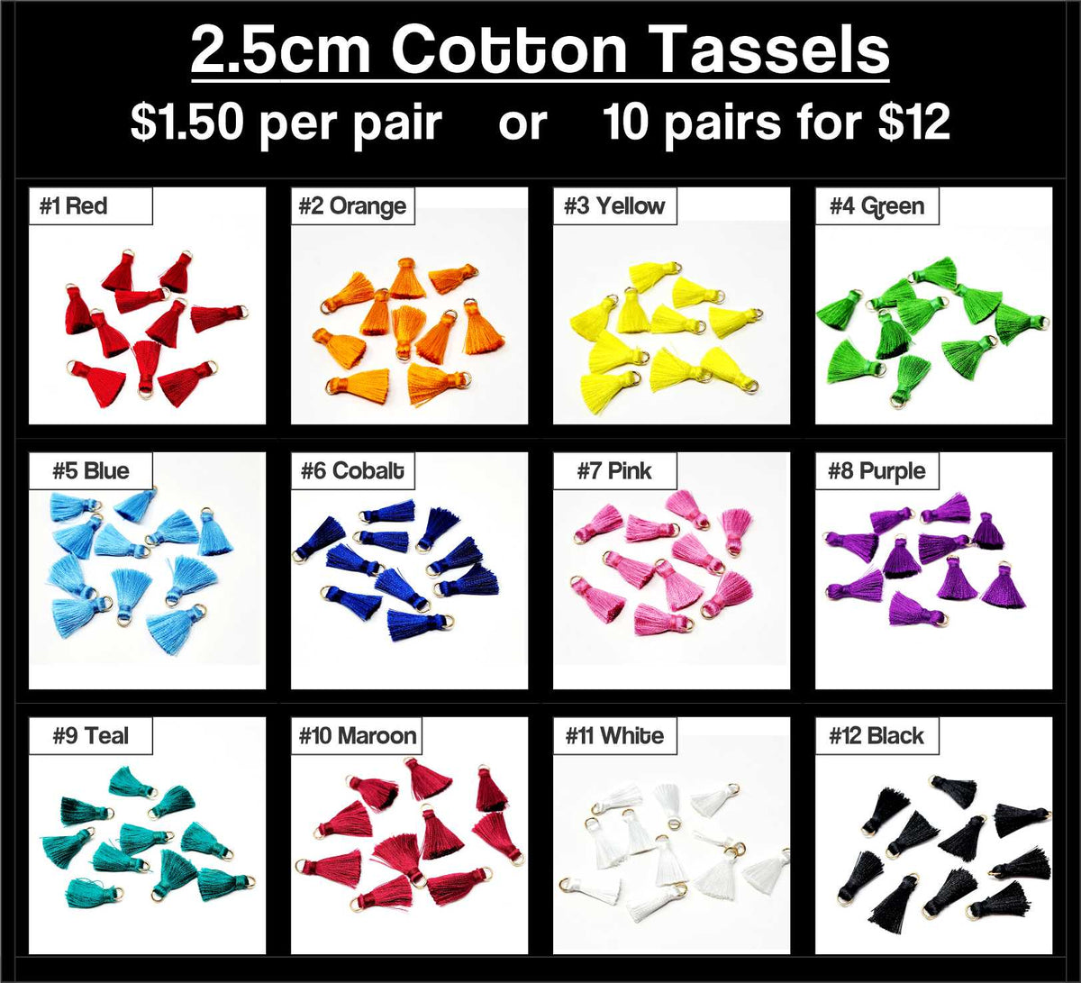 Chart of 12 colours of 2.5cm cotton tassels with gold-tone rings