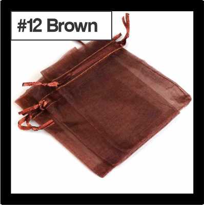 Sheer brown organza drawstring bags with satin ties, with a numbered colour label
