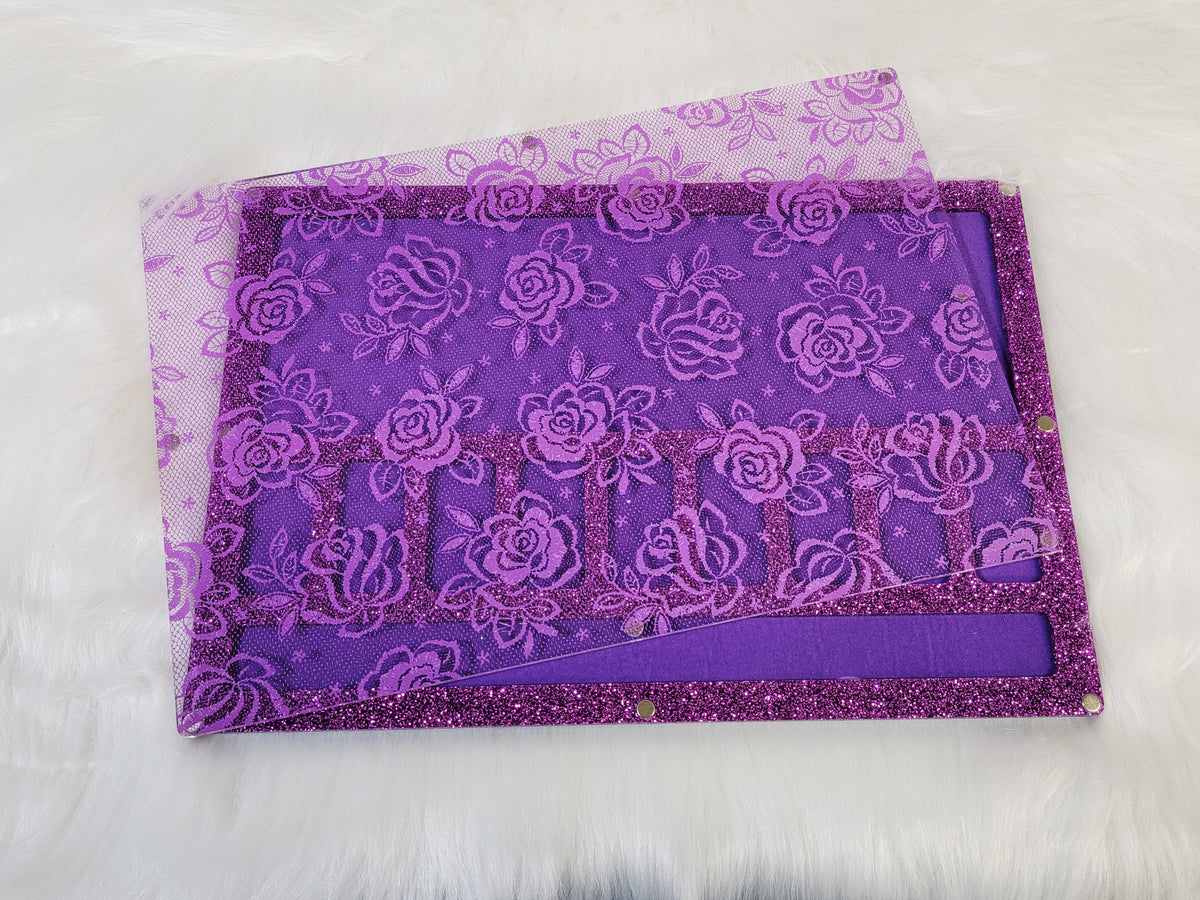 XLarge 8 x 11.5 inch magnetic-lid bead board with a purple rose lace lid, purple glitter frame and purple tray