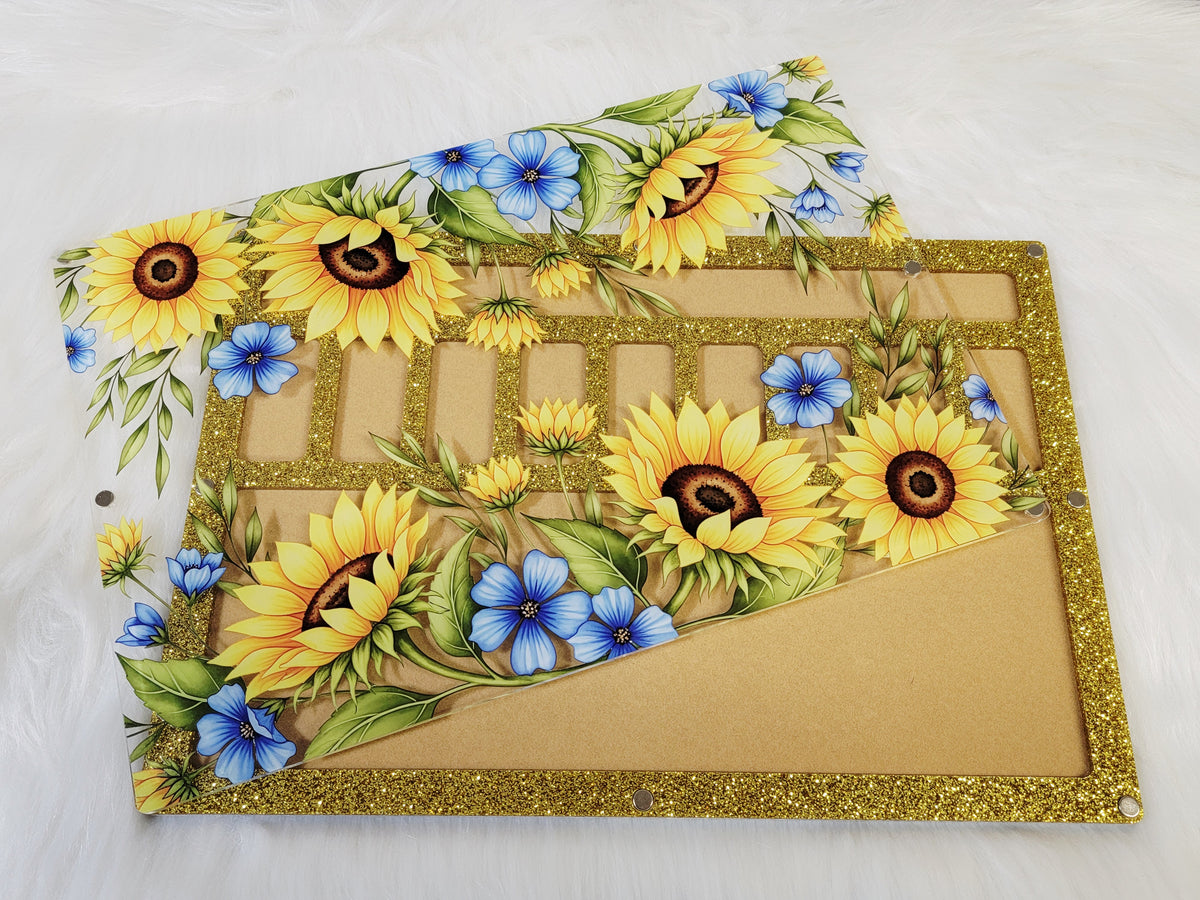 XLarge 8 x 11.5 inch magnetic-lid bead board with sunflowers and blue flowers over a gold glitter frame and tan tray