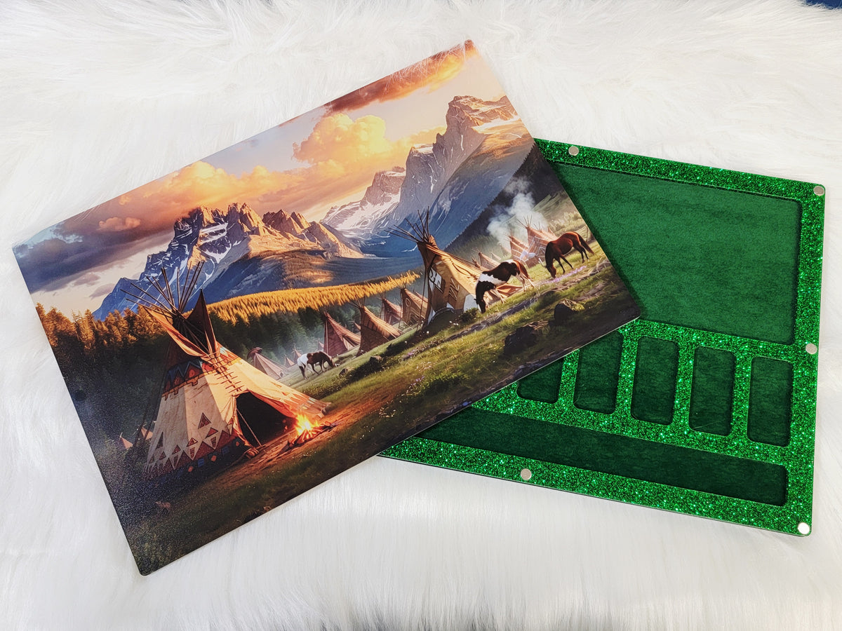 XLarge 8 x 11.5 inch magnetic-lid bead board with tipis in a mountain valley at sunset, lid beside its green tray