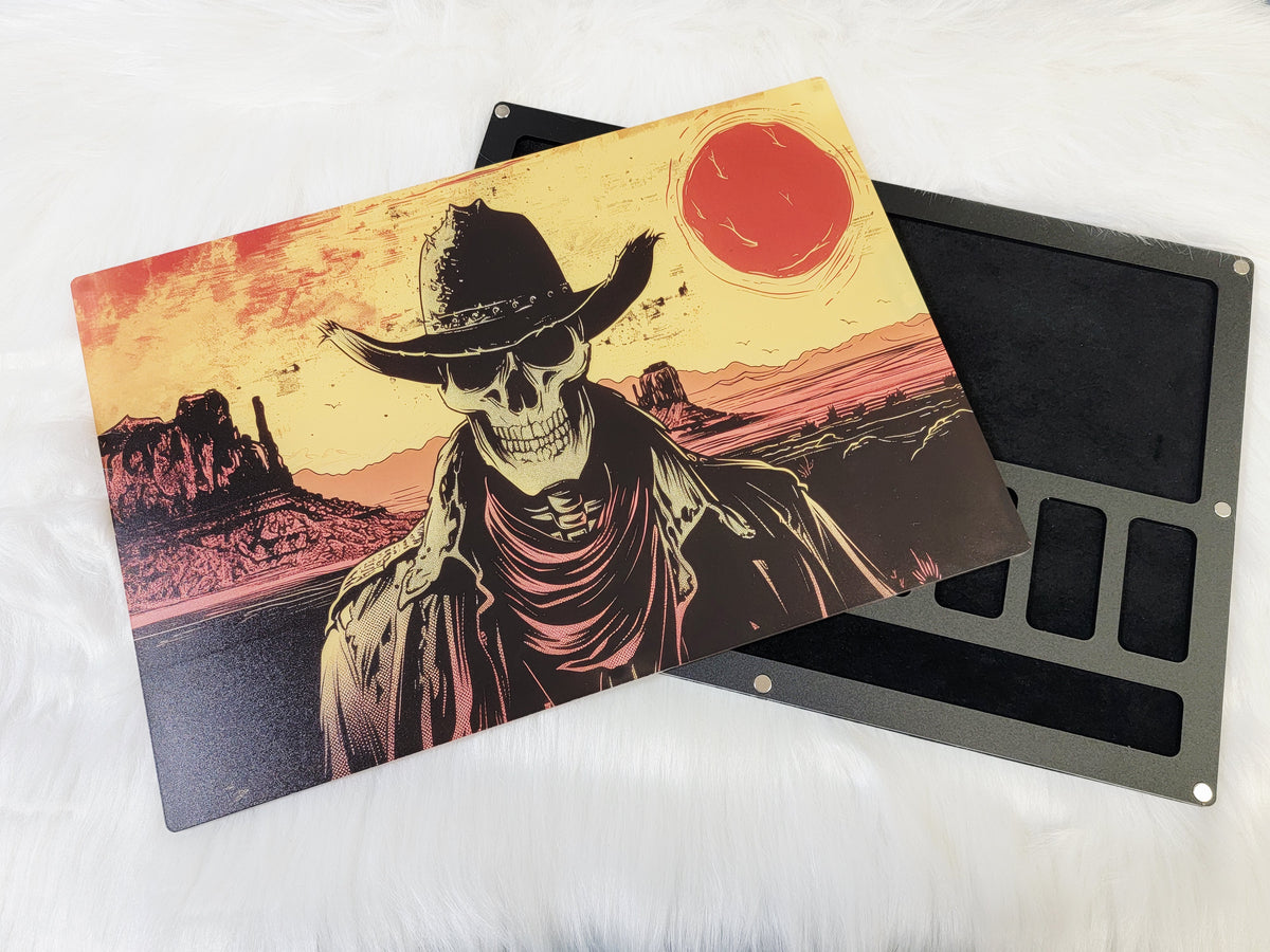 XLarge 8 x 11.5 inch magnetic-lid bead board with a skeleton cowboy and red sun desert print, lid beside its black tray