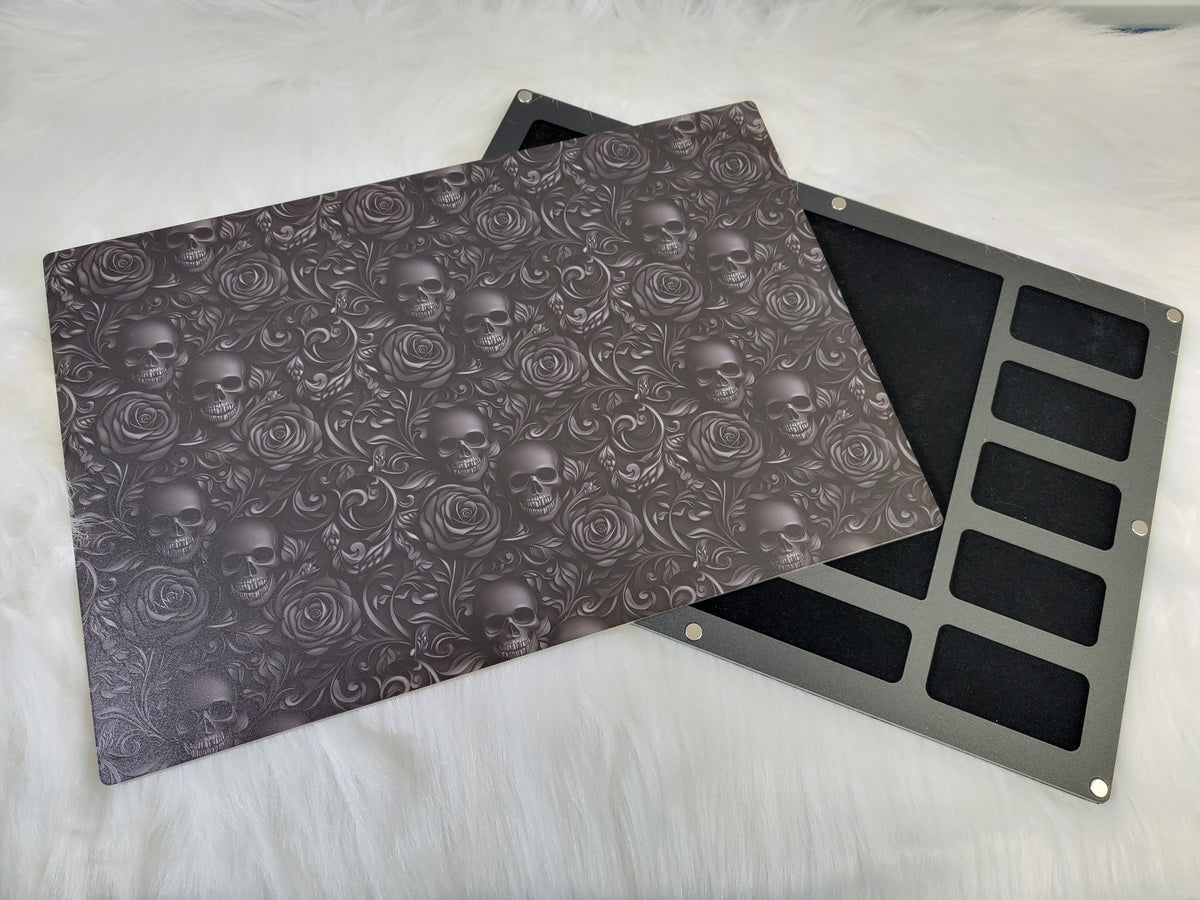 XLarge 8 x 11.5 inch magnetic-lid bead board with a matte black skulls and roses print, lid beside its black tray
