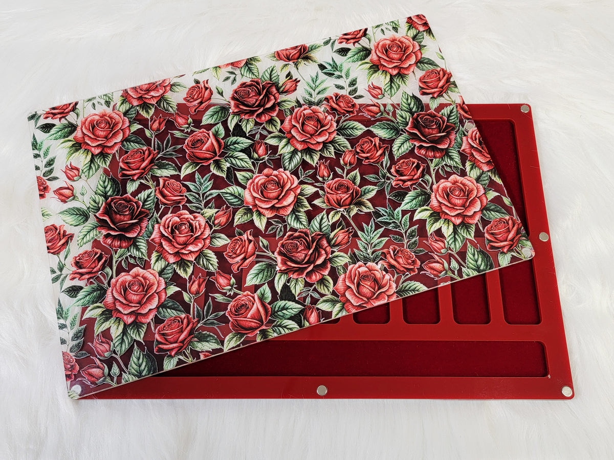 XLarge 8 x 11.5 inch magnetic-lid bead board with an all-over red rose print, lid beside its red velvet-flocked tray