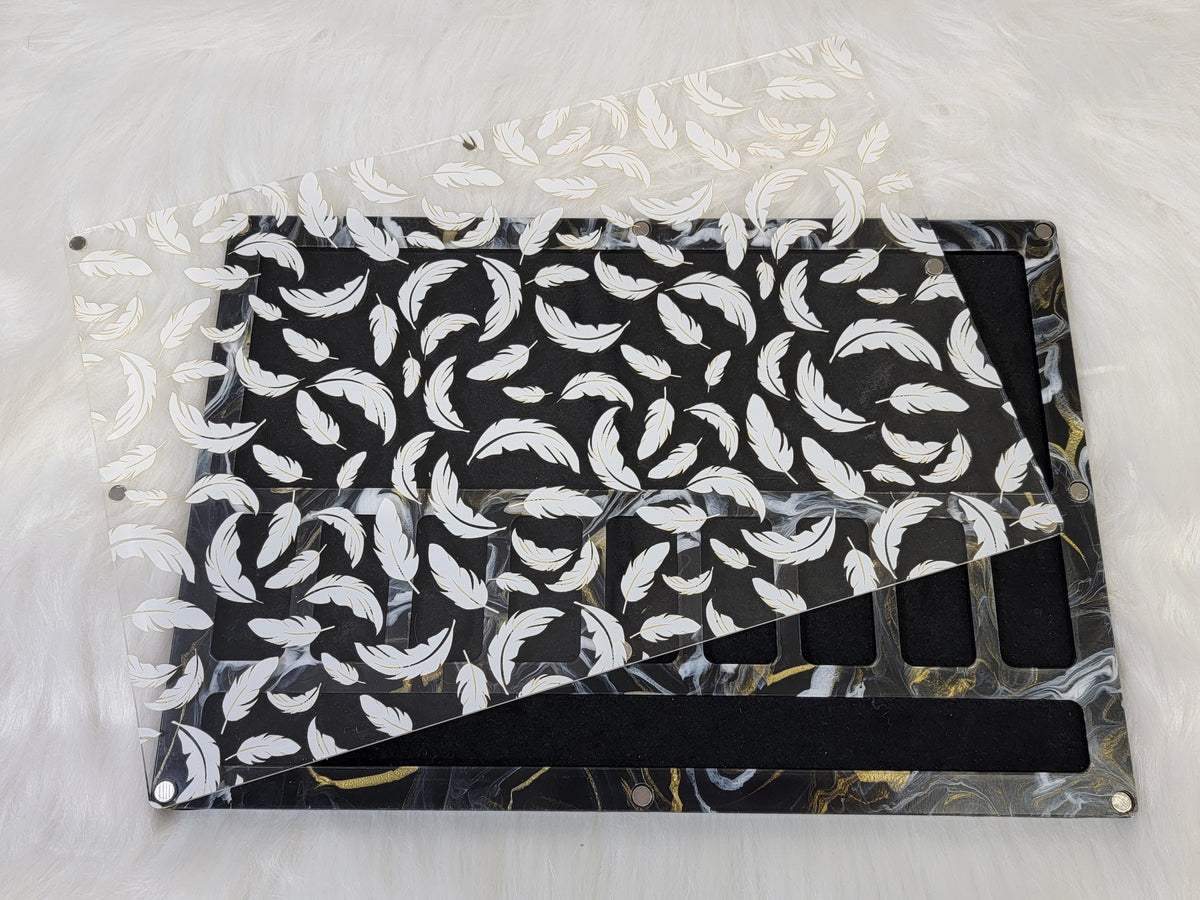 XLarge 8 x 11.5 inch magnetic-lid bead board with a white feather print on black, lid beside its black velvet-flocked tray