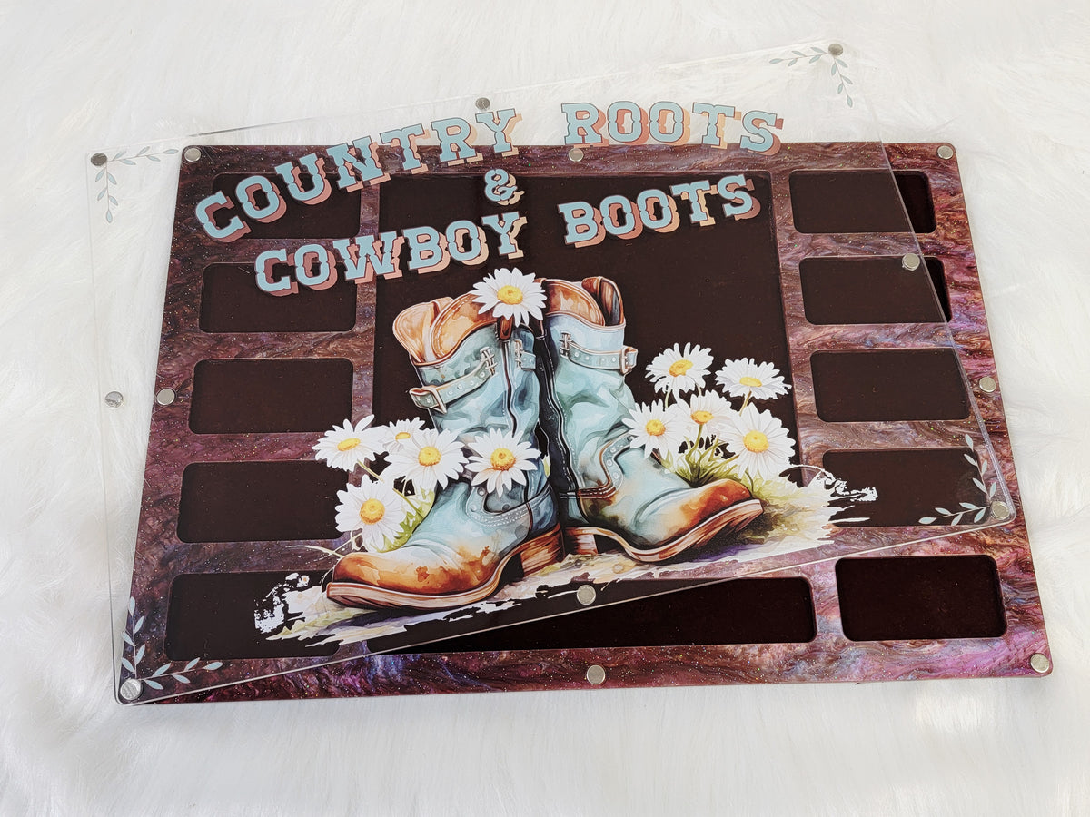 XLarge 8 x 11.5 inch bead board with a Country Roots & Cowboy Boots lid print of blue boots and daisies, purple marble frame