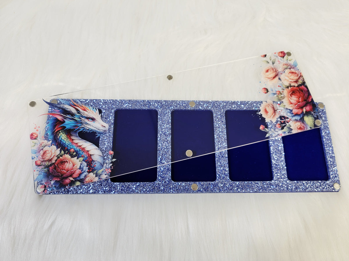 Same blue dragon bead board in the Long 3.5 x 10.5 inch size with a blue glitter frame and four navy wells