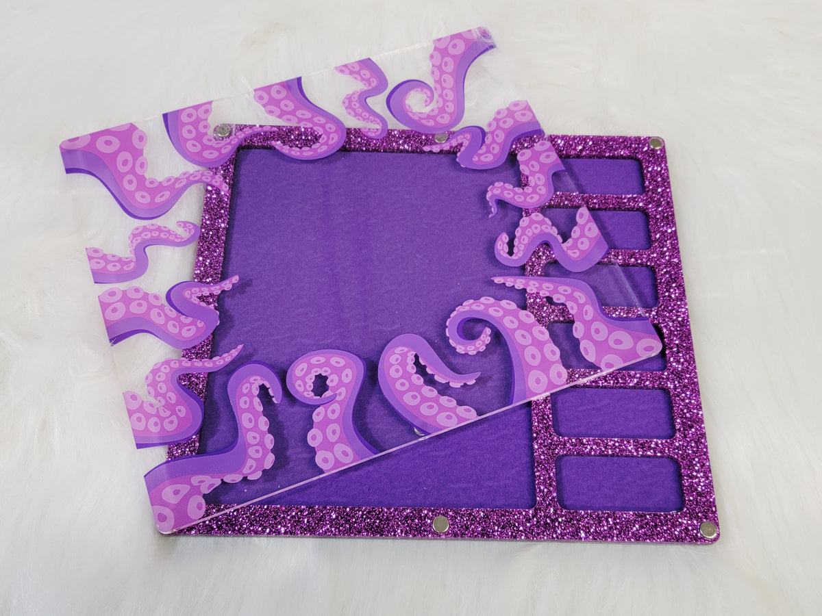 Large 7 x 8 inch magnetic-lid bead board with purple octopus tentacles on a clear lid over a purple velvet-flocked tray