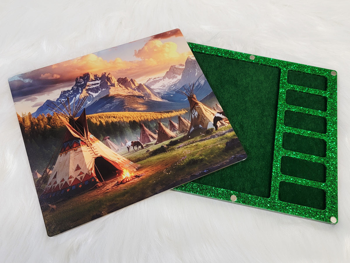 Same tipi valley bead board in the Large 7 x 8 inch size, lid slid aside to show the green velvet-flocked compartments