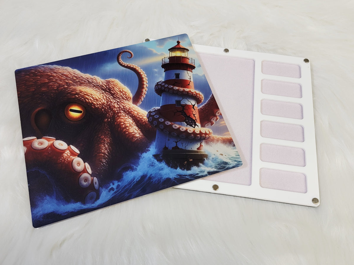Same kraken bead board in the Large 7 x 8 inch size, lid slid aside to show the pale velvet-flocked compartments