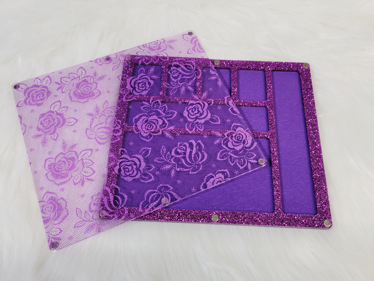 Same purple lace bead board in the Large 7 x 8 inch size, lid set aside to show the purple velvet-flocked compartments