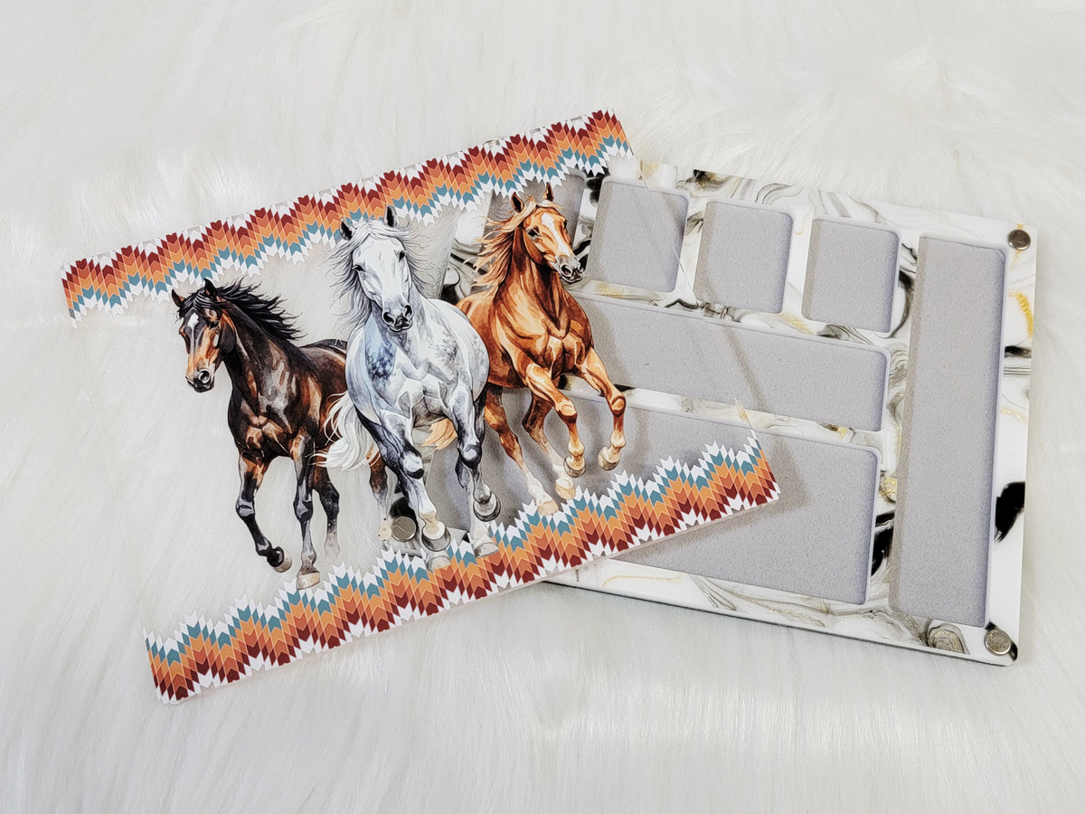Medium 4.5 x 5.75 inch magnetic-lid bead board with three running horses and a zigzag border, over a grey velvet-flocked tray