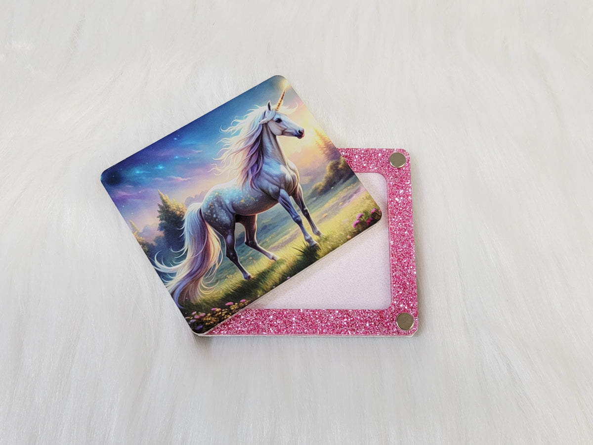 Same unicorn bead board in the XSmall 2.5 x 3 inch size with a pink glitter frame and a single white well