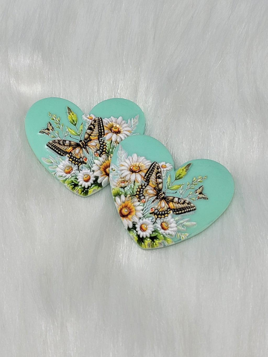Pair of Premium 3D 37mm resin heart cabochons (cabs) in mint with a brown butterfly and white daisies