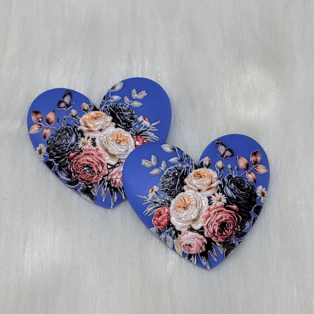 Pair of Premium 3D 37mm blue resin heart cabochons (cabs) with pink, cream and dark roses