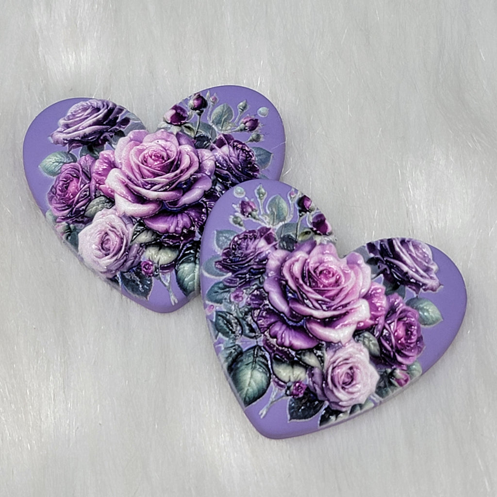 Pair of Premium 3D 37mm resin heart cabochons (cabs) in lilac with clusters of purple roses
