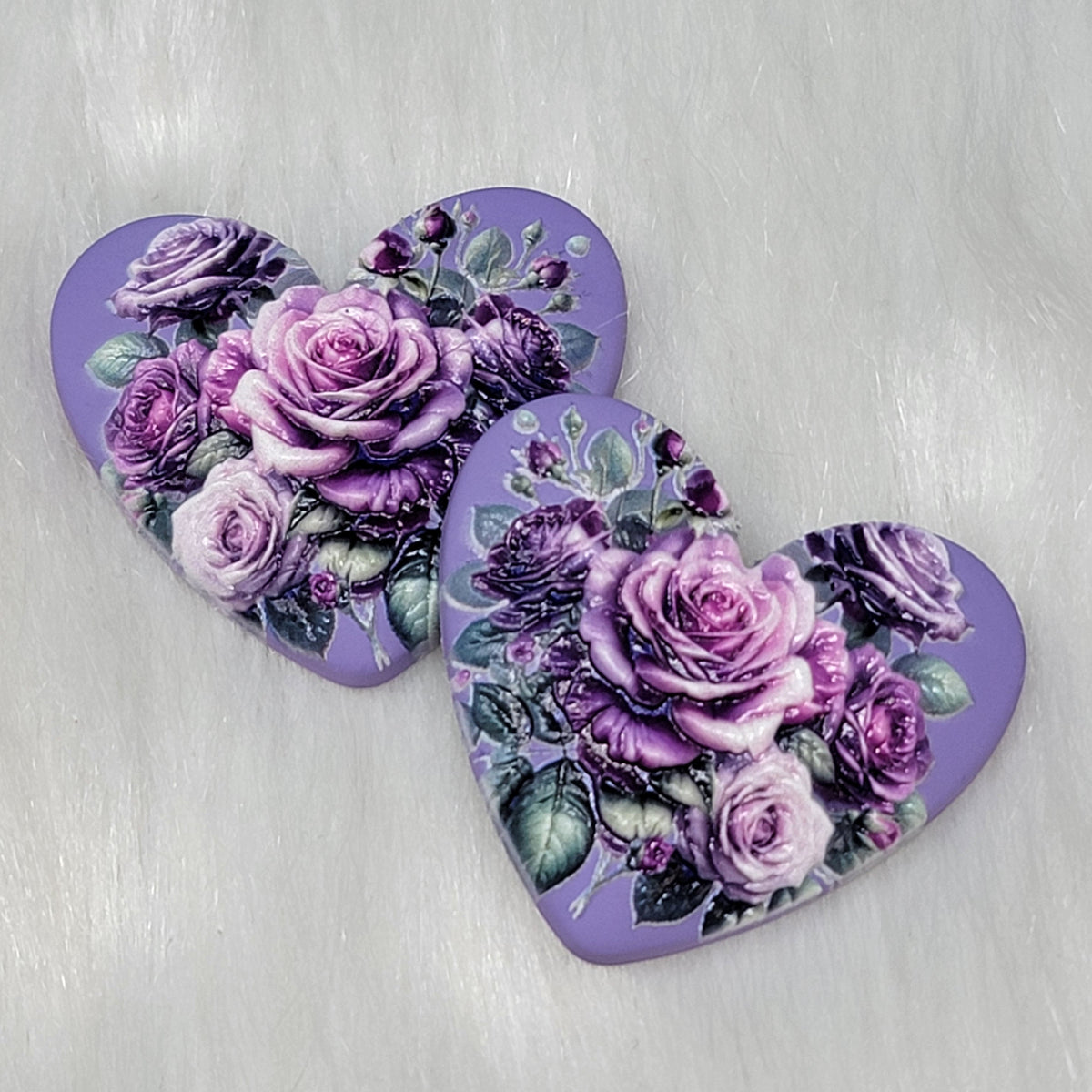 Pair of Premium 3D 37mm resin heart cabochons (cabs) in lilac with clusters of purple roses