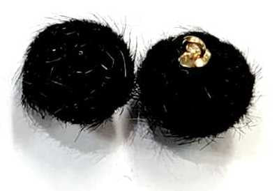 Pair of 15mm black faux mink pom pom tassels with gold-tone caps and loops