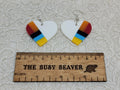 Pair of heart resin slab inlay earrings, combo #20: white with orange, red, black, blue and yellow