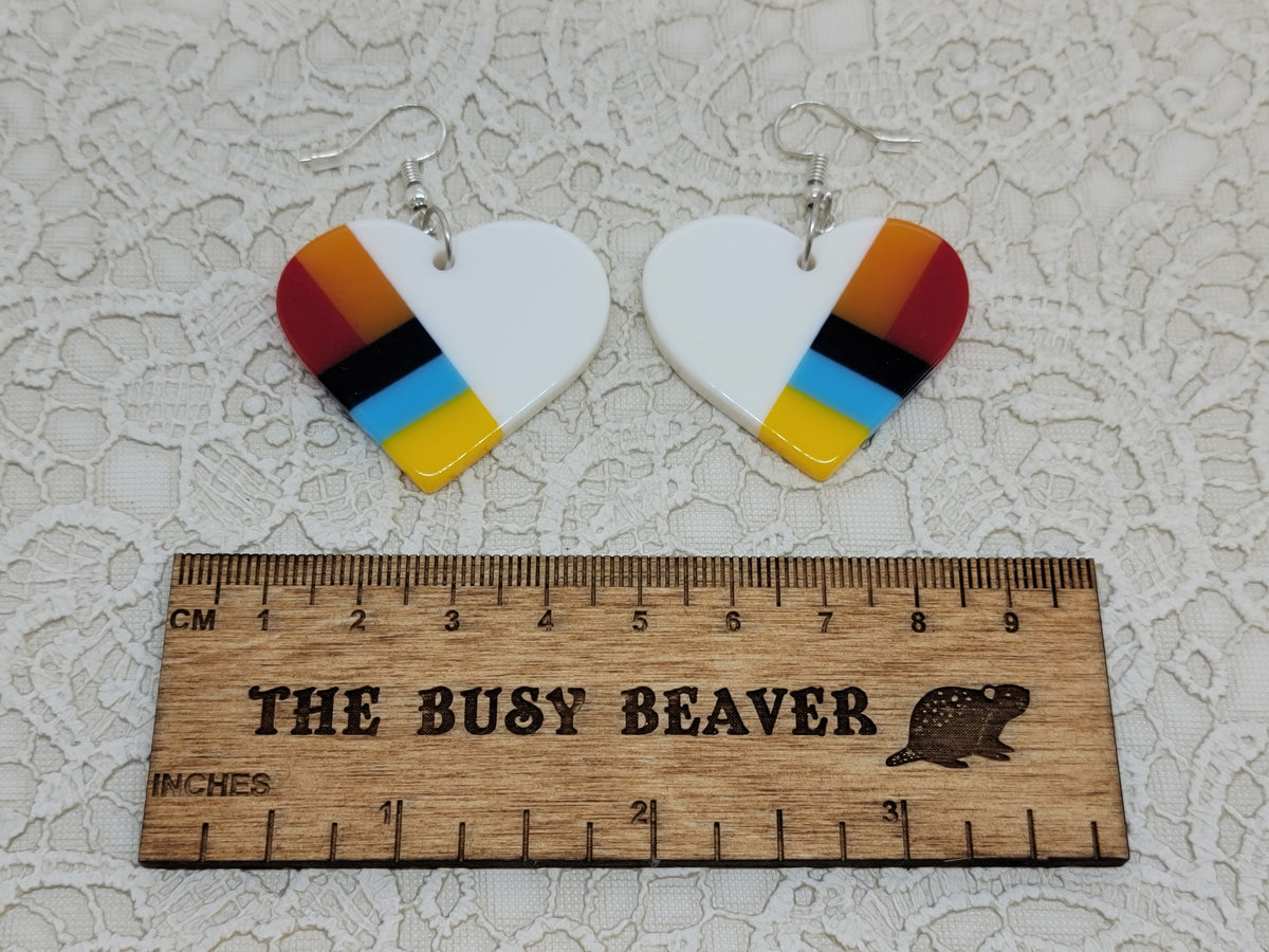 Pair of heart resin slab inlay earrings, combo #20: white with orange, red, black, blue and yellow