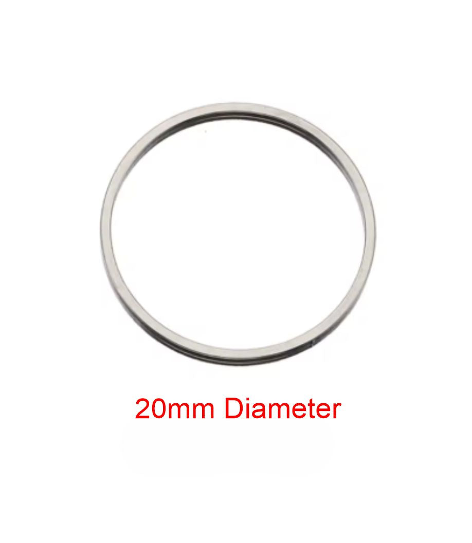 Single silver stainless steel open round bezel frame with a 20mm size label