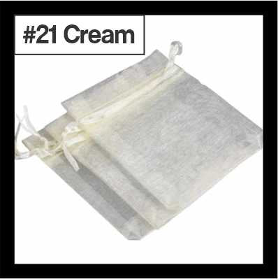 Sheer cream organza drawstring bags with satin ties, with a numbered colour label