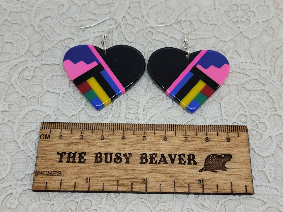 Pair of heart resin slab inlay earrings, combo #21: black with pink, purple and rainbow stripes