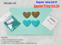 Mini set #21: brown and teal resin hearts, teal and white seed beads, and a mint glitter backing sheet